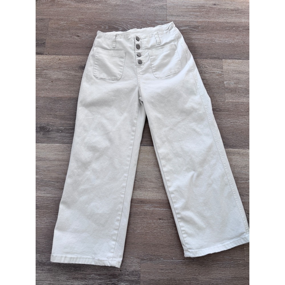 Cream High Waisted Wide Leg Button Fly Crop Pants Off White Size 4